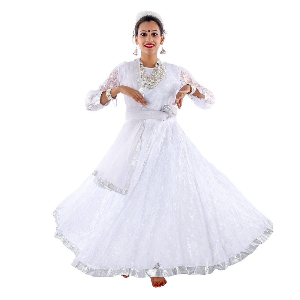 Anarkali Kathak Fancy Dress Costume- White and Silver Combination