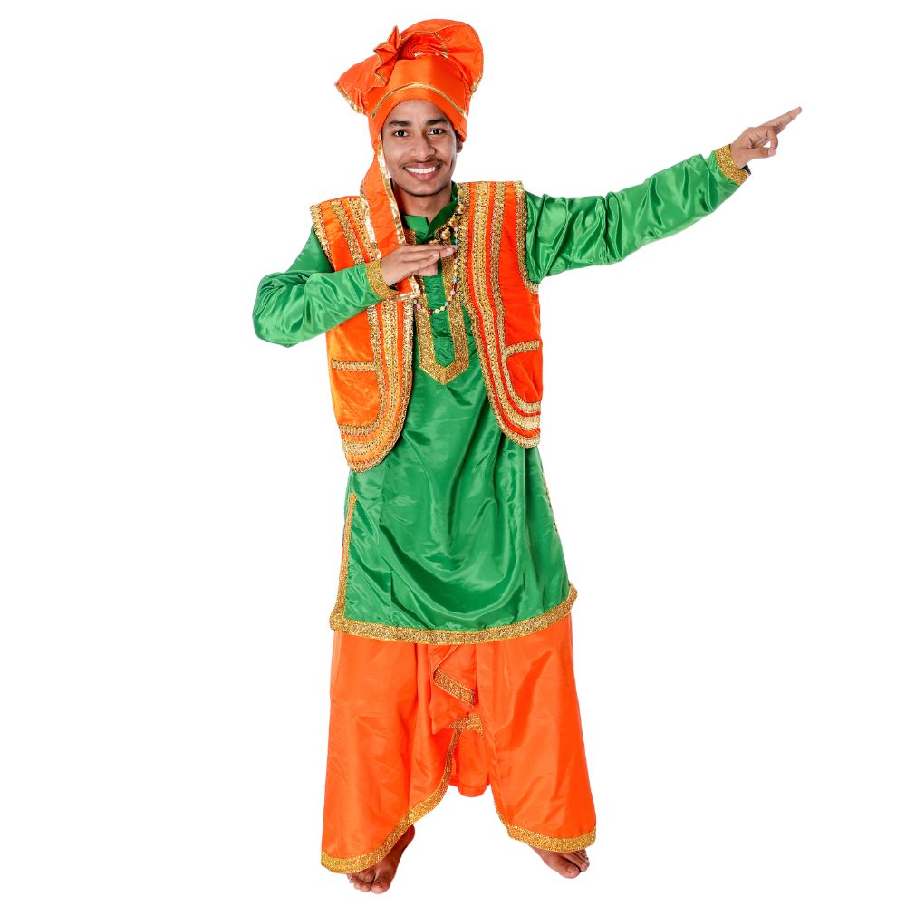 Green and Orange Bhangra Dance Costume For Boys