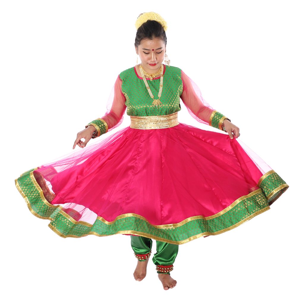 Kathak Dance Anarkali Style Costume – Pink and Green Combination