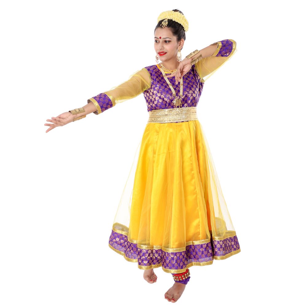 Yellow & Purple Kathak Dance Dress: Anarkali Style Costume