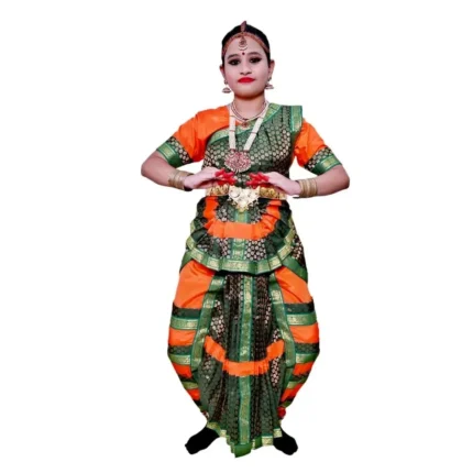 Bharatanatyam Dance Dress in Green & Orange