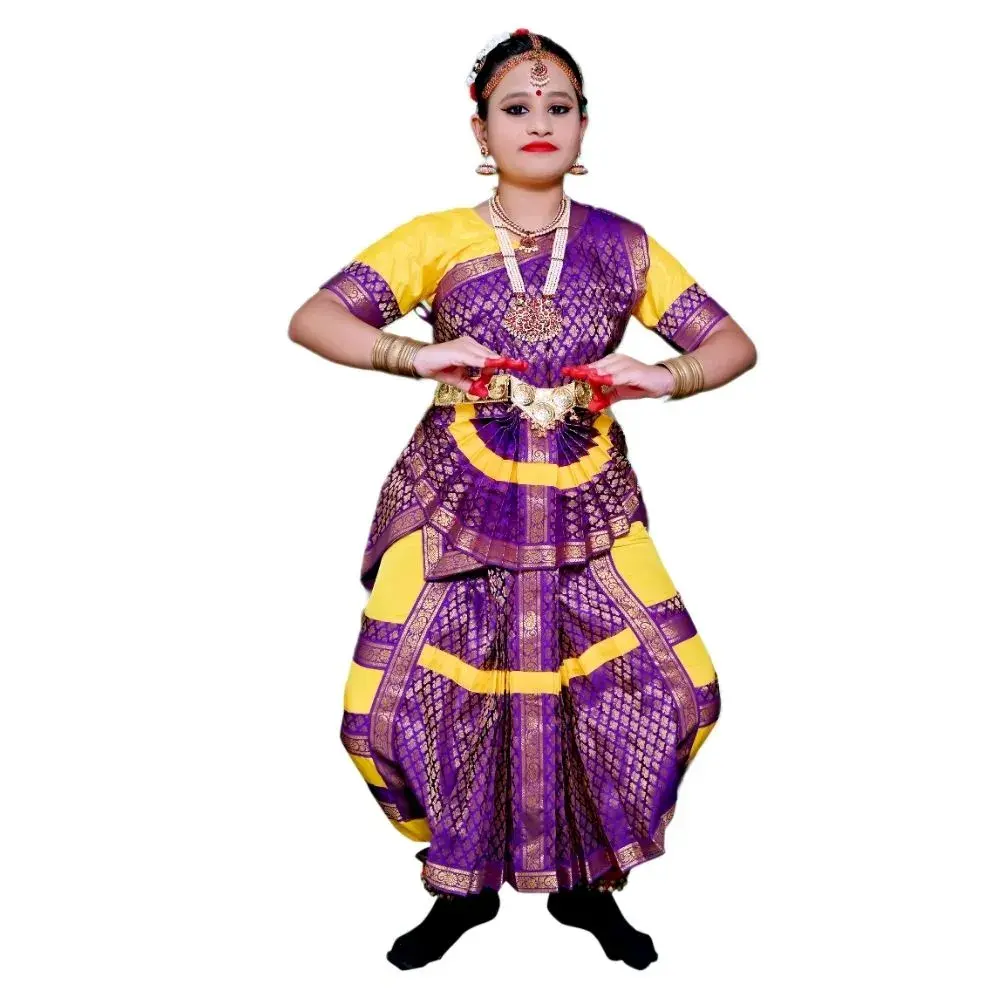 Bharatanatyam Dance Dress in Yellow & Purple Look Front Bharatanatyam Dance Dress in Yellow & Purple