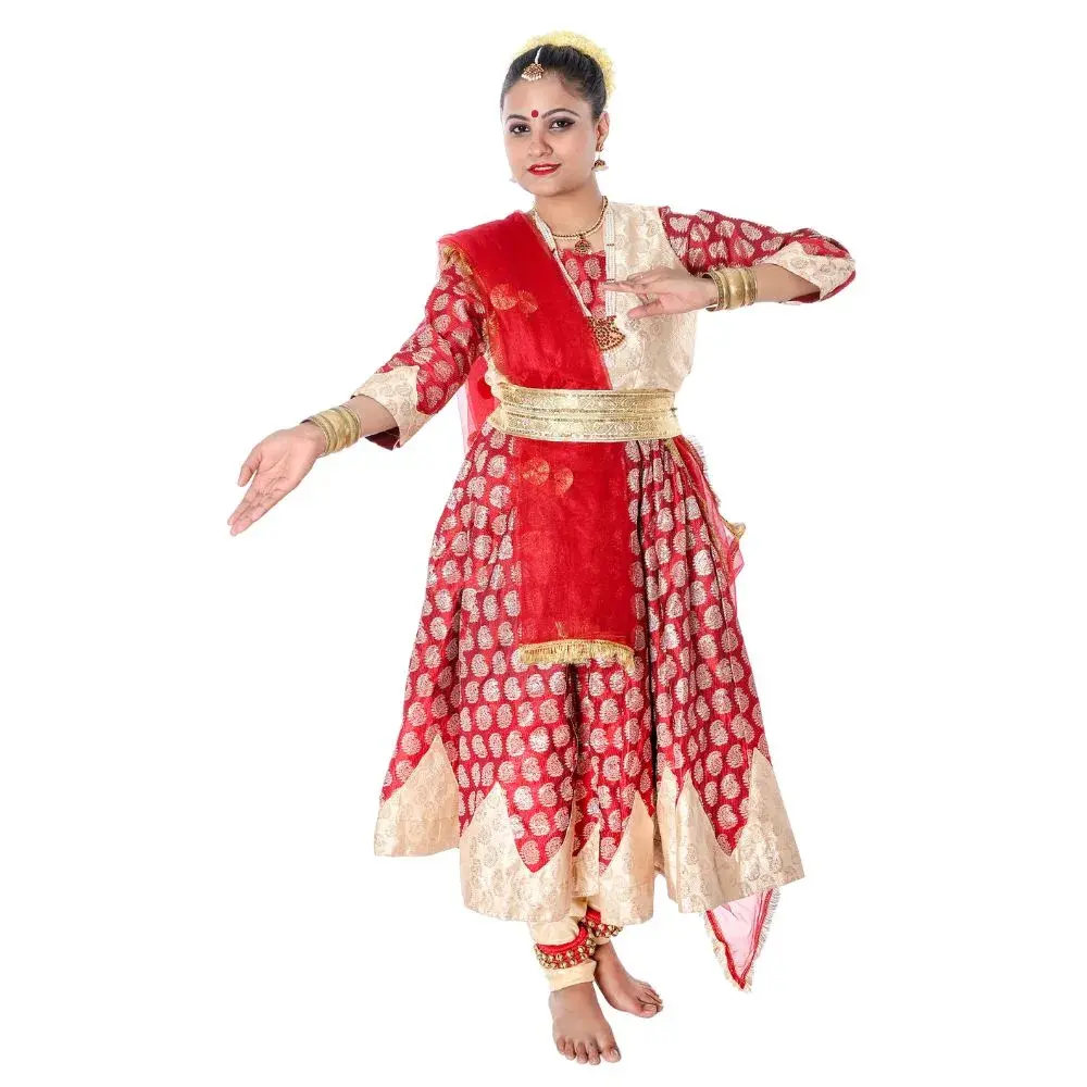 Kathak Dance Fancy Dress-Anarkali Golden and Red Combination Side